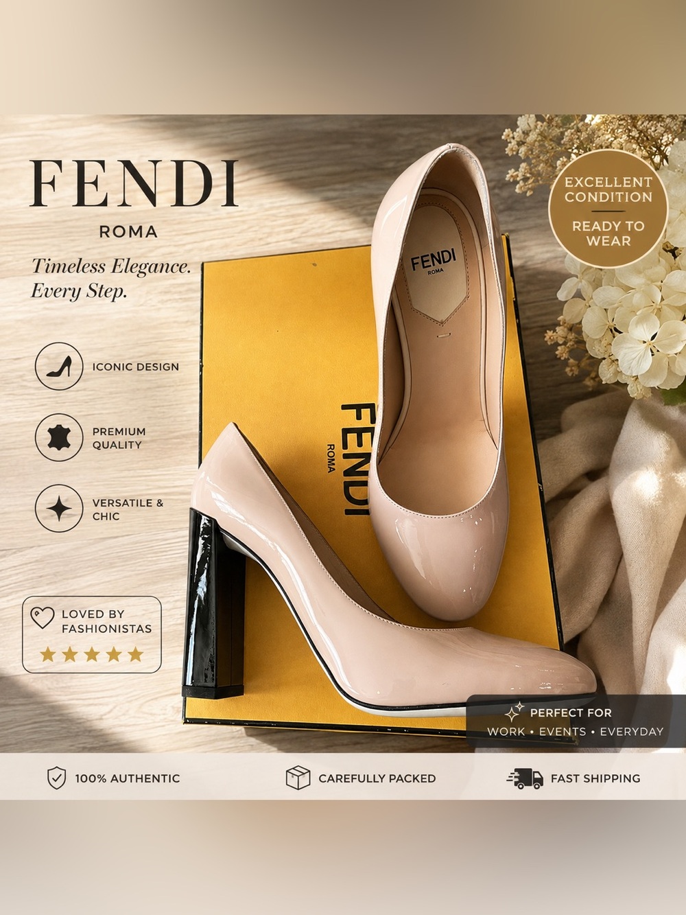Fendi BRAND NEW Nude Patent Pumps with Black Block Heel